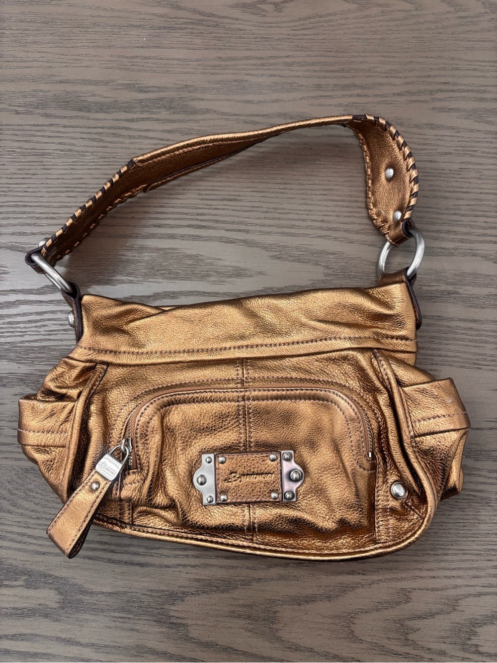 b. makowsky Metallic Bronze Shoulder Bag with Front Zip Pocket